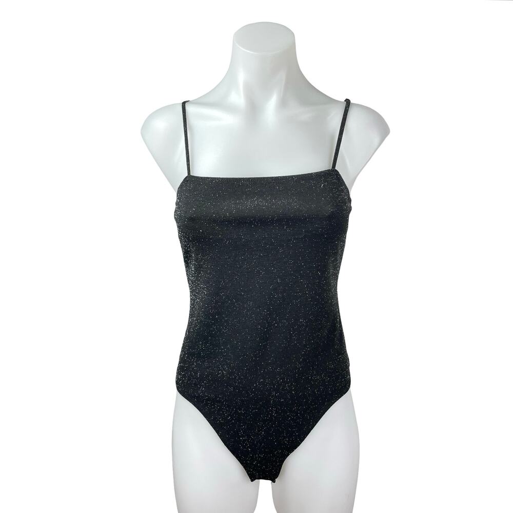 Garage Black Glitter Sparkly Shimmer Square Neck Cami Tank Thong Bodysuit Top M